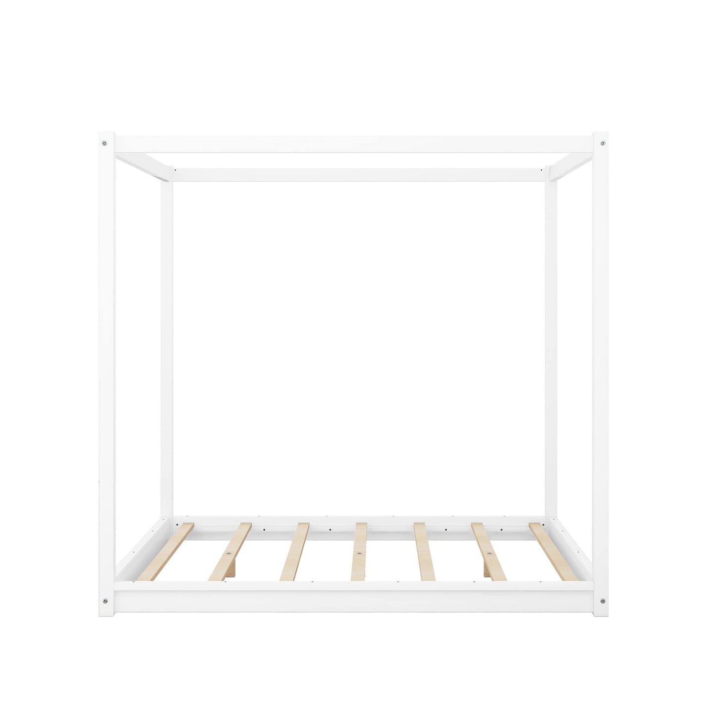 Bellemave Queen Canopy Bed Frame, Pine Wood, White, 4-Post Platform, Supports 550 lbs