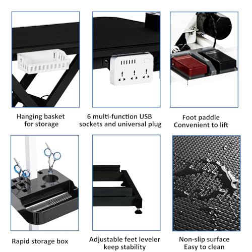 50'' Electric Dog Grooming Table, Heavy Duty, Height Adjustable Pet Grooming Table with Sockets w/Leveling Wheels, Grooming Arm, Anti Slip Tabletop & Tool Organizer, for All Pets Black Towallmark