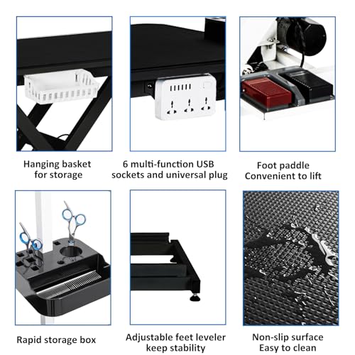 50'' Electric Dog Grooming Table, Heavy Duty, Height Adjustable Pet Grooming Table with Sockets w/Leveling Wheels, Grooming Arm, Anti Slip Tabletop & Tool Organizer, for All Pets Black