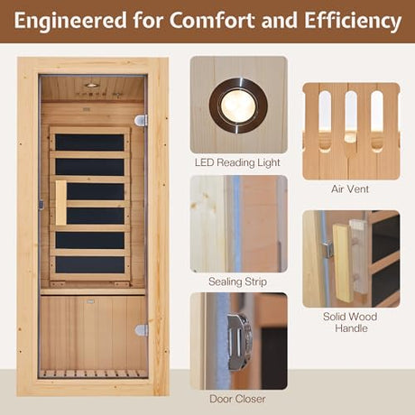 Jocisland 1 Person Infrared Sauna–Low EMF 110V Red Light, Pre-Warms to 149℉ in 20 Minutes,106lbs Lightweight Spruce Wood Infrared saunas,Compact Dry Sauna for Home Spa & Apartments Jocisland
