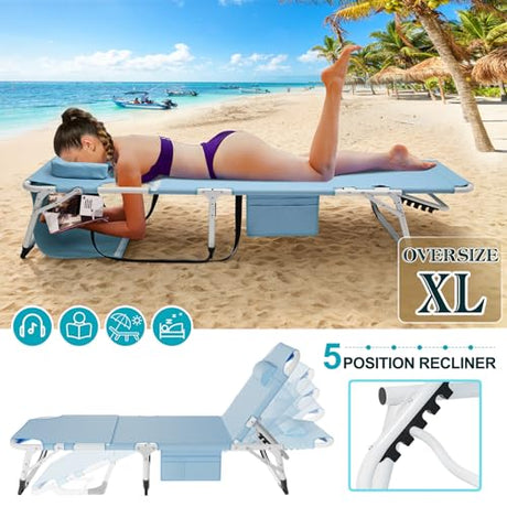 ABORON Heavy Duty Tanning Chair, Outdoor 5-Position Folding Chaise Lounge Chair with Pad, Portable Beach Lounge Chair for Outdoor Sunbathing Patio Pool Lawn Deck Poolside ABORON