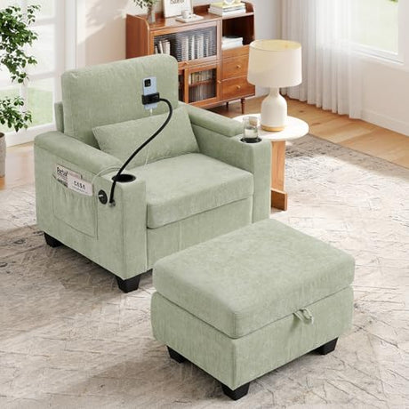 Small Chaise Lounge Chair Indoor with Ottoman&Adjustable Backrest,Chenille Tufted Recliner Comfy Sofa Chair with USB,Phone Holder&Storage Arms,Convertible Sleeper Couch Bed for Living Room(37"W,Cyan) Duigonp