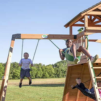 Backyard Discovery Endeavor All Cedar Wood Swing Set Playset with Gray Wave Slide for Backyard with Large Clubhouse Rope Ladder Rock Climbing Wall Wave Slide 2 Belt Swings and 1 Web Swing Gift