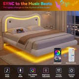 MapleGrace Full Size Floating Bed Frame with LED Lights, Velvet Upholstered Bed Frame with Headboard, Rounded Corners, Charging Station, No Box Spring Needed, Easy Assembly, White MapleGrace