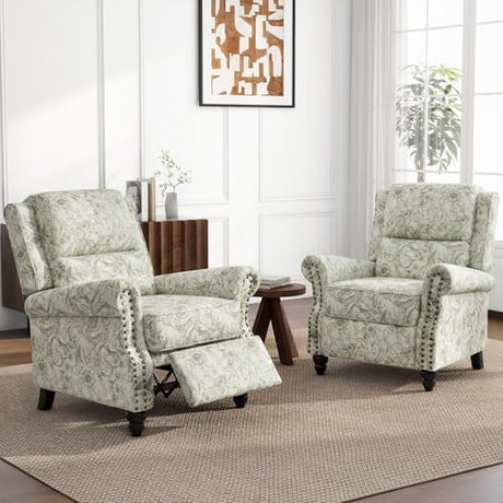 UIXE Floral Pushback Recliner Chair, Fabric Overstuffed Armchair Push Back Accent Chair for Living Room, Rivet Trim Club Chair Home Theater Single Sofa Bedroom Side Reading Seat - Rococo Green UIXE