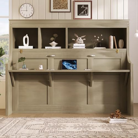 SOFTSEA Twin Size Horizontal Murphy Bed with Desk, Foldable Wall Bed Frame with Storage Shelves, Space-Saving Twin Murphy Bed Cabinet for Small Space Guest Room Home Office, Grey SOFTSEA