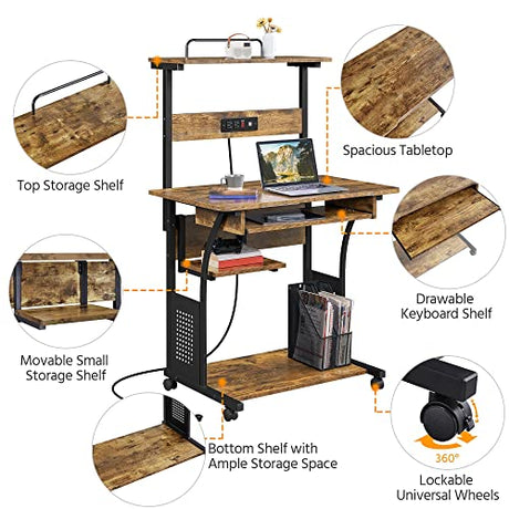 Yaheetech 3 Tiers Rolling Computer Desk on Wheels with Charging Station and Keyboard Tray, Mobile Home Office Desk PC Laptop Workstation with Power Outlet and USB Ports for Home Studying, Rustic Brown Yaheetech