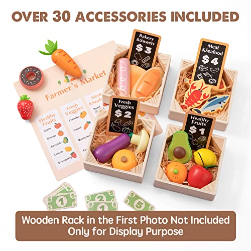 Wooden Play Food Sets for Kids Kitchen - 100% Wood 43 Pieces Kids Toy Food for Toddlers 3+ Year Old, Pretend Food Play Kitchen Accessories Set for Boys and Girls Tiny Land