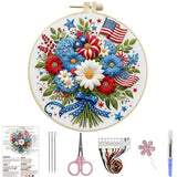 DIY American Independence Day Pattern Hand Embroidery Kit Beginner Friendly Round Circle Decorative Painting Needlework Art-Bouquet