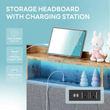LIKIMIO Twin Bed Frame with 2 Storage Drawers, Charging Station & LED Lights, Upholstered Platform Twin Bed with Storage Headboard, Strong Wooden Slats, No Box Spring Needed, Easy Assembly, Grey LIKIMIO