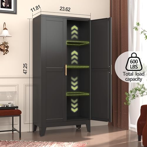 GAIOUS Metal Storage Cabinet With 2 Doors and 3 Adjustable Shelves, Black Kitchen Pantry for Food, Utility Cabinet for Laundry Room, Cupboard GAIOUS