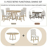 Ball & Cast 5 Piece Dining Table Set with 4 Upholstered Chairs,Living Room Furniture W/ 42" Table,Tabletop Can be Adjusted from Round to Oval in Shape,for Restaurant,Home Bistro,Natural Ball & Cast