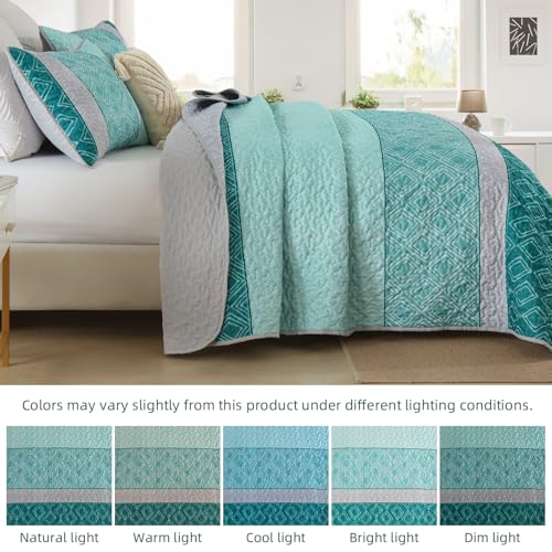 Cottolester Teal Quilt Set Full Size,Striped Plaid Bedspread,Blue Boho Bedding Set Soft Microfiber Quilt for Teens Boys Adults 78"x90" Cottolester