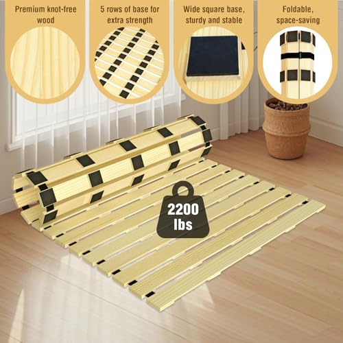 Japanese Tatami Mat Floor Bed, Knotless Solid Wood, Roll-Up Slatted Bed Plate with 2 Storage Straps, Moisture-Proof and Breathable for Floor Sleeping or Futon Mattress, Queen FHNI