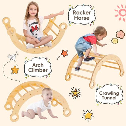 Asweets Pikler Triangle Set, 5 in 1 Foldable Montessori Climbing Set with Ramp, Baby Climbing Toys for Indoor Playground, Jungle Gym for Kids with Arch Climber, Rocker, Suitable for Toddlers