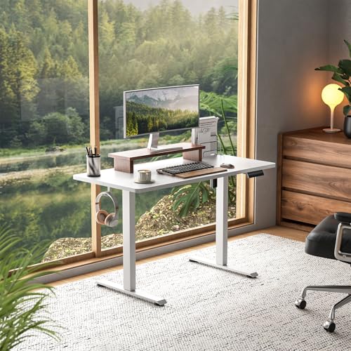 Veken 47.2 Inch Large Electric Standing Desk, Heights Adjustable, Sit to Stand Up, Work Home Office Computer Table for Study, Walking Pad, Writing, and Games, Wooden Desktop Desks, White Veken