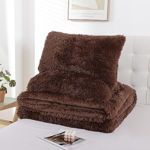 Smoofy Fluffy Queen Comforter Set, Faux Fur Comforter Set Queen Size, Luxury Fuzzy Bedding Set, Soft Shaggy Bed Set for All Season, 3 Pieces - 1 Comforter & 2 Pillowcases, Coffee Smoofy