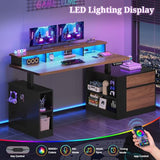 Standing Desk Adjustable Height, 70" Executive Electric Office Desk, Sit Stand Computer Desk with Storage Drawer, Power Outlets, Led Lights, Monitor Stand, Printer Space, Pegboard Black&Walnut UPOSOJA
