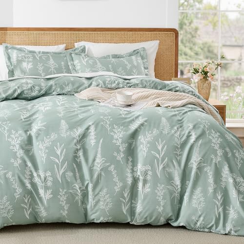 MUXHOMO Duvet Cover King Size, Reversible Floral Green Duvet Cover Set with Zipper Closure, 3 Pieces Botanical Patterns Soft Microfiber Bedding Set (90"x104", 2 Pillow Cases 20"×36") MUXHOMO