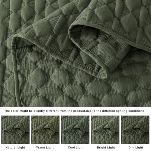 WDCOZY Olive Green Quilts Queen Size Bedding Set with 2 Pillow Shams, Lightweight Soft Full Bedspread Coverlet, Thin Comforter Bed Cover for All Season, 3 Pieces, 90x90 inches WDCOZY