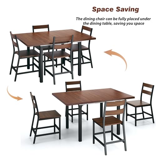 Dining Table Set for 4, Extendable Kitchen Table Set with 4 Chairs, Curved Backrest, Dining Room Table with Solid Metal Frame & MDF Board, for Kitchen Room and Small Spaces, Easy Assembly, Walnut ALEXNUTRE