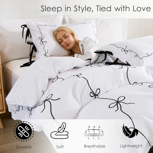 Black White Duvet Cover Set Black Bow Tie Bedding Set Super Soft Breathable Microfiber Bowknot Butterfly Tie Aesthetic Bedding Romantic French Twin Duvet Cover for All Season Chumerry