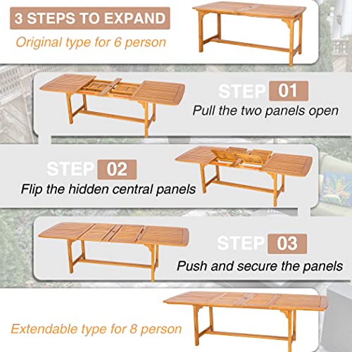 PHI VILLA 9 Pieces Acacia Wood Patio Dining Set for 8, Expandable Teak Dining Table & Wooden Chairs with Cushions, Farmhouse Dining Furniture Set for Outdoor Deck, Yard, Porch - WoodArtSupply