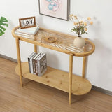 RUSTOWN Rattan Console Table, 2-Tier Boho Entryway Table with Tempered Glass Top and Wood Legs,Mid Century Modern Sofa Table for Hallway, Entryway, Living Room (Natural) RUSTOWN