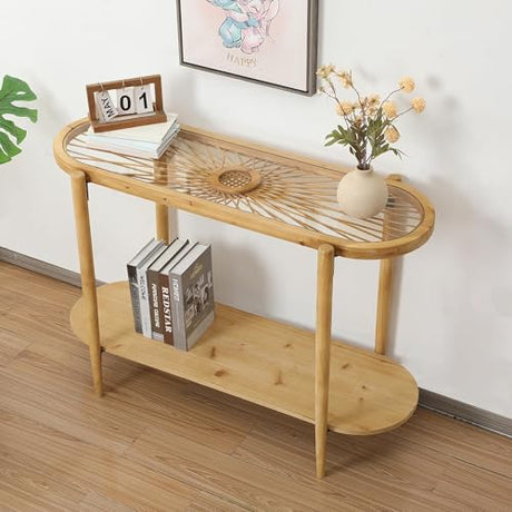 RUSTOWN Rattan Console Table, 2-Tier Boho Entryway Table with Tempered Glass Top and Wood Legs,Mid Century Modern Sofa Table for Hallway, Entryway, Living Room (Natural) RUSTOWN