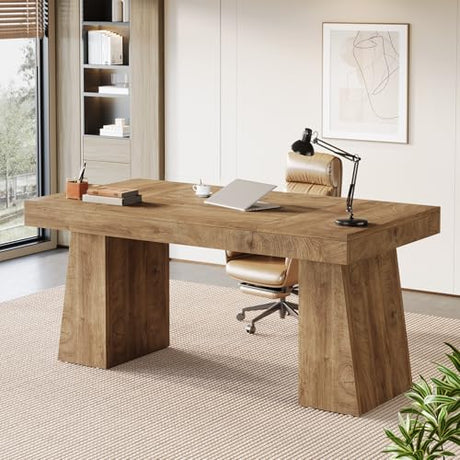 Tribesigns 55-Inch Executive Desk, Large Wood Office Computer Desk with Double Pedestal, Modern Minimalist Workstations Writing Table Conference Table Furniture for Home Office, Light Brown Tribesigns