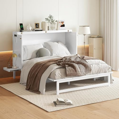 Ball & Cast Queen Size Murphy Bed W/ 2 USB Port & Power Outlets,Cabinet Bed W/Desk & 2 Removable Shelves,Wall Bed Frame for Home Office,Apartment,Guest Room,White Ball & Cast
