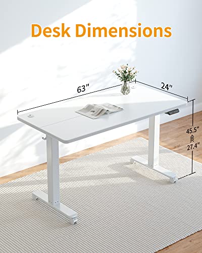 CubiCubi Electric Standing Desk, 63 x 24 Inches Height Adjustable Sit Stand Desk, Ergonomic Home Office Computer Workstation, White - WoodArtSupply