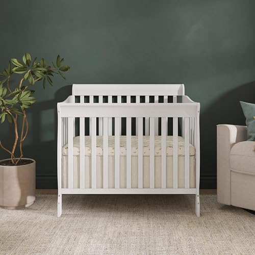 Dream On Me Aden 4-in-1 Convertible Mini Baby Crib, GREENGUARD Gold & BSA Certified, Sustainable Pinewood, Non-Toxic Finish, 3 Mattress Heights, Converts to Mini Day & Twin-Size Bed - White