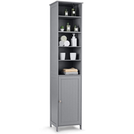Tangkula Slim Tall Bathroom Storage Tower, 72" H with Adjustable Shelves & Cupboard, Space Saving Narrow Cabinet for Bathroom (Gray) Tangkula