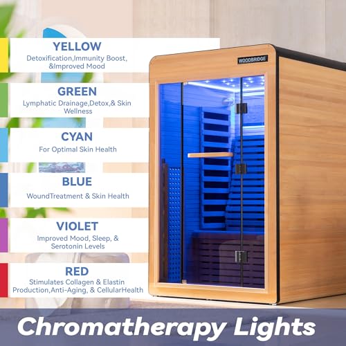 WOODBRIDGE Infrared Home Sauna Room 2 Person Hemlock Wooden Indoor Sauna,7 Carbon 2230W/120V Heaters,with Led Color Therapy Light,Bluetooth Speaker,Tempered Glass,Touch-Tone Keypad and A Top Vent WOODBRIDGE