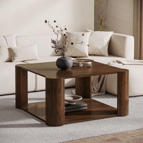 Tribesigns Modern Square Coffee Table, 33.85-Inch Coffee Table with 2-Tier Shelves, Accent Center Table for Living Room, Lounge, Dark Walnut - WoodArtSupply