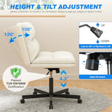 Rfiver Ergonomic Armless Criss Cross Chair with Height Adjustable and Swivel, Wide & Thickened Cushion Cross Legged Vanity Chair, Comfortable PU Leather Desk Chair for Computer Task and Make Up, White Rfiver