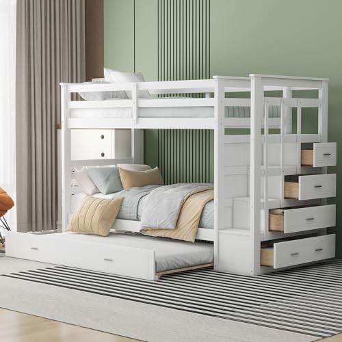 P PURLOVE Twin Over Twin Bunk Bed with Stairs and Trundle, Solid Wood Bunk Beds with Stairway Storage for Teens,Kids,White P PURLOVE