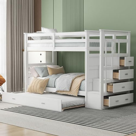 P PURLOVE Twin Over Twin Bunk Bed with Stairs and Trundle, Solid Wood Bunk Beds with Stairway Storage for Teens,Kids,White P PURLOVE