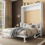 MERITLINE Queen Murphy Bed with Desk, Solid Wood Vertical Murphy Wall Bed Cabinet with Storage Shelves Space-Saving Hidden Bedframe (White,Queen) MERITLINE