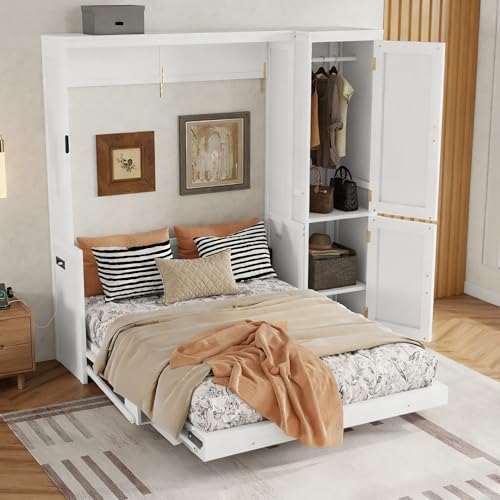 ZMAD Queen Size Wood Murphy Bed with Wardrobe,Space-Saving Hidden Wall Bed with Desk,Gas Struts,Charging Station,White ZMAD