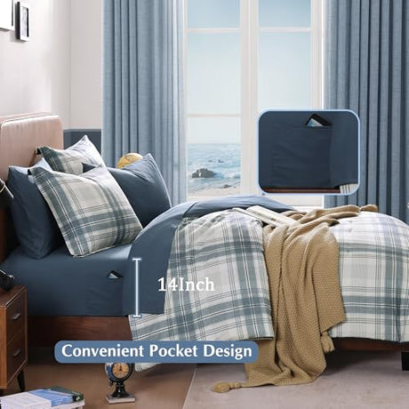 AMBERSPACE Full Size Comforter Sets, Blue Grey Plaid Bedding Set 7 Piece for Boys Girls Teen, Classic Homestead-Style Kids Comforter Set Bed in A Bag with Sheets, Pillowcases & Shams AMBERSPACE