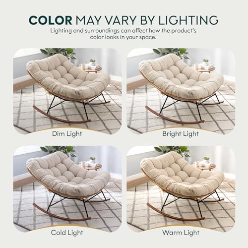 Bme Patio Rocking Chair Outdoor and Indoor, Modern Metal Lounge Rocker with Thick 7'' Cushion, 400lbs Capacity, Ergonomic Design, Easy Assembly, Beige Cushion - Wood Texture Rocker