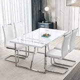 Dining Table Set for 4，White Rectangular MDF Kitchen Table and Leather Dining Chairs Set of 4, 5 Piece Dining Table Set，Modern Metal Frame Dining Room Table Set 4 with Metal Frame For Kitchen Ebullient