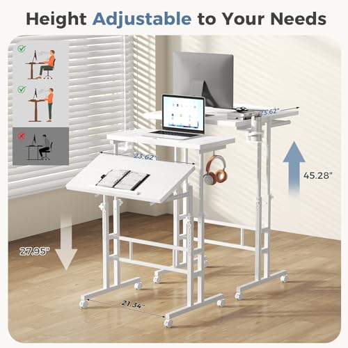 Simple Deluxe Split Top Rotating Standing Desk on Wheels – 23.6" Manual Adjustable Height Mobile Laptop Computer Table – Sit Stand Rolling Workstation with Tilt Function – White Simple Deluxe