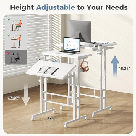 Simple Deluxe Split Top Rotating Standing Desk on Wheels – 23.6" Manual Adjustable Height Mobile Laptop Computer Table – Sit Stand Rolling Workstation with Tilt Function – White Simple Deluxe