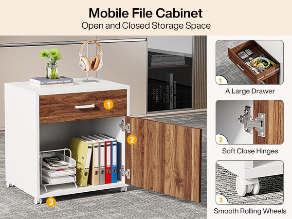 Tribesigns 70.8-Inch Executive Desk with Mobile File Cabinet, Large L Shaped Computer Desk with Storage Cabinet, L-Shaped Desk with Drawer Cabinet for Home Office, Walnut & White Tribesigns