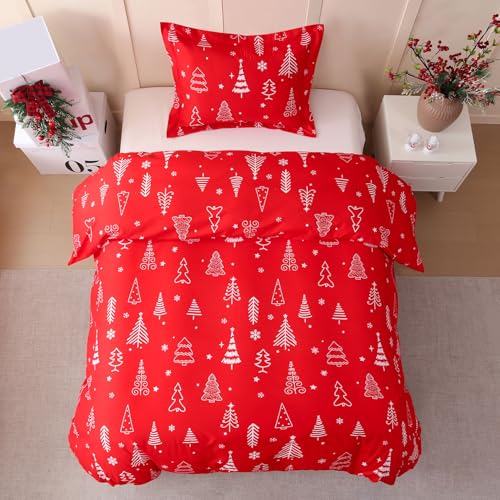 JSD Red Christmas Tree Kids Duvet Cover Set Twin Size, 2 Piece Xmas Comforter Cover with Pillow Sham Zipper Closure, Comforter Not Included JSD