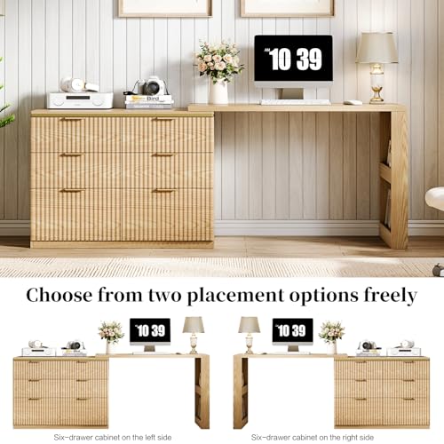 Ieejdn L Shaped Standing Desk,47" Home Office Desks, Executive, Farmhouse Computer Desk with 6 Drawers File Drawer, Rustic Computer Writing, Oak Ieejdn