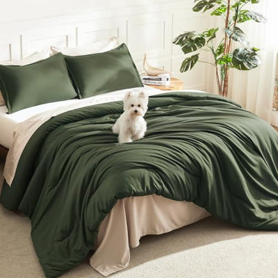 Litanika Dark Olive Green Comforter Set Full, 3 Pieces Solid Bedding Comforter Set, All Season Fluffy Bed Set (79x90In Comforter & 2 Pillowcases)